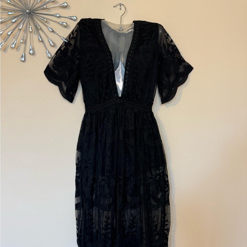 Lace Plunging V Neck Sheer Beautiful Maxi Dress Black Small - Picture 10 of 15